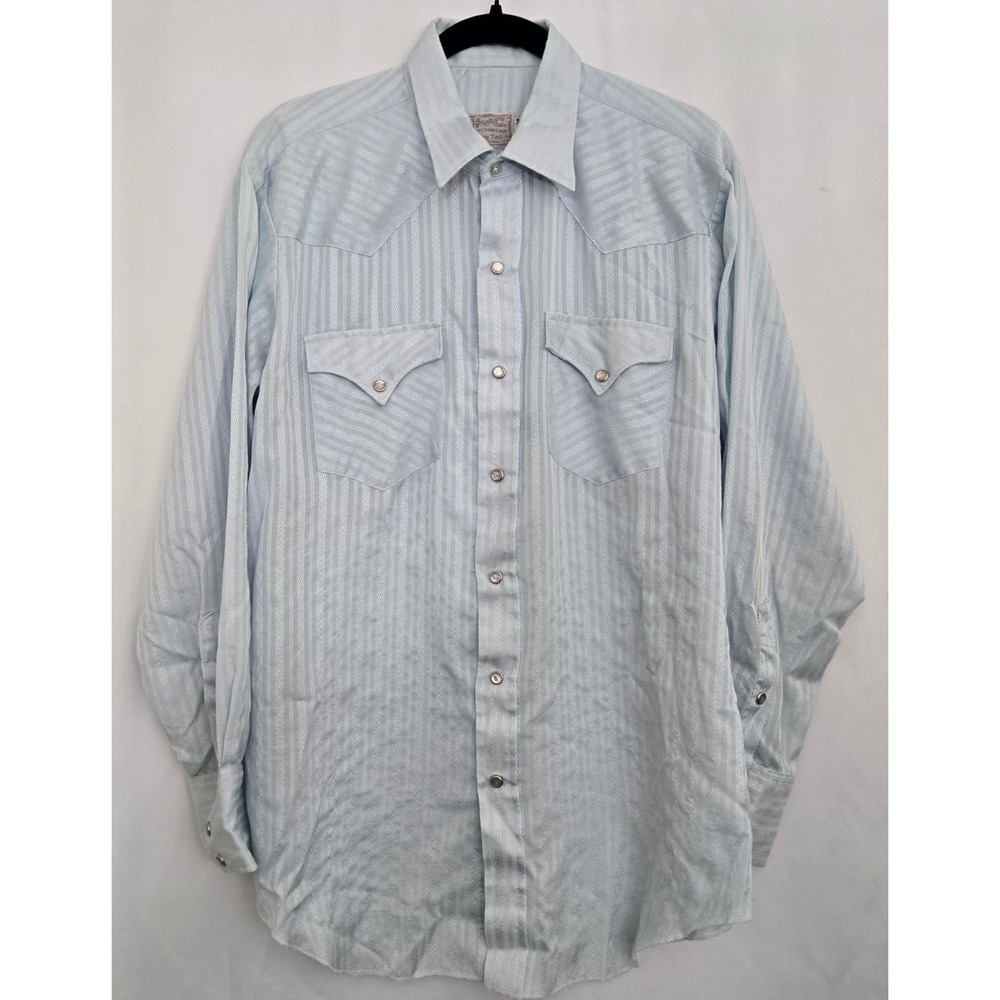 Vtg H‎ Bar C MADE IN USA Mens 16 1/2 34 Western Pearl Snap Long Tail Blue Shadow